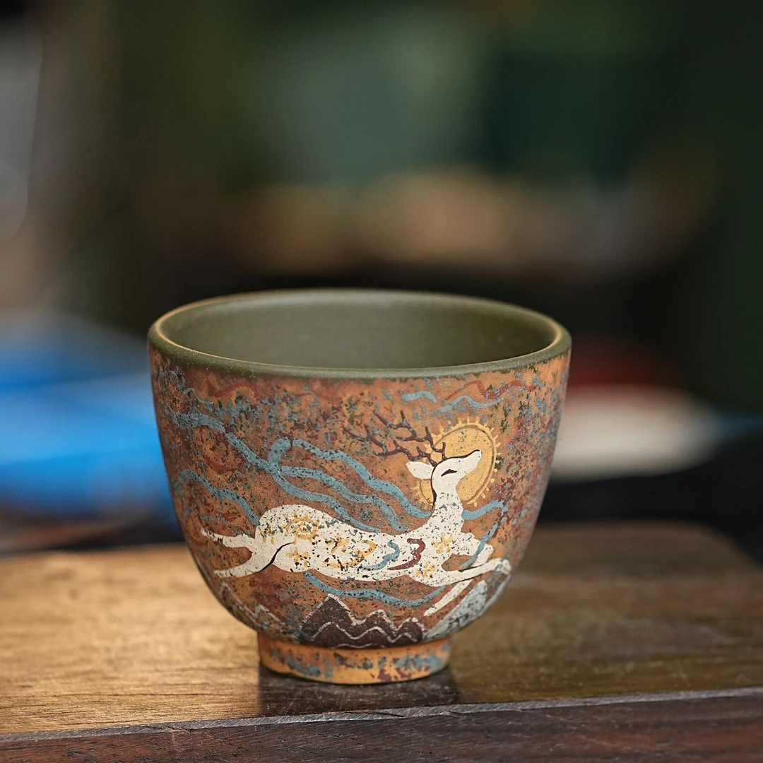 【0325九色鹿杯】宜兴原矿紫砂手工制作九色鹿主人杯