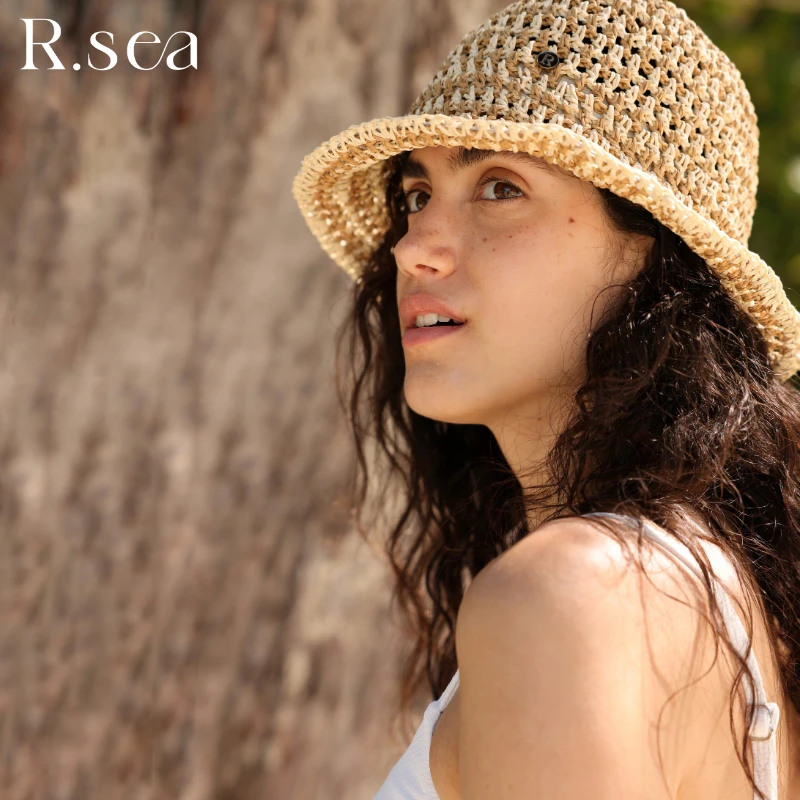 R·SEA时尚条纹手工钩织可折叠草帽遮阳沙滩度假渔夫帽