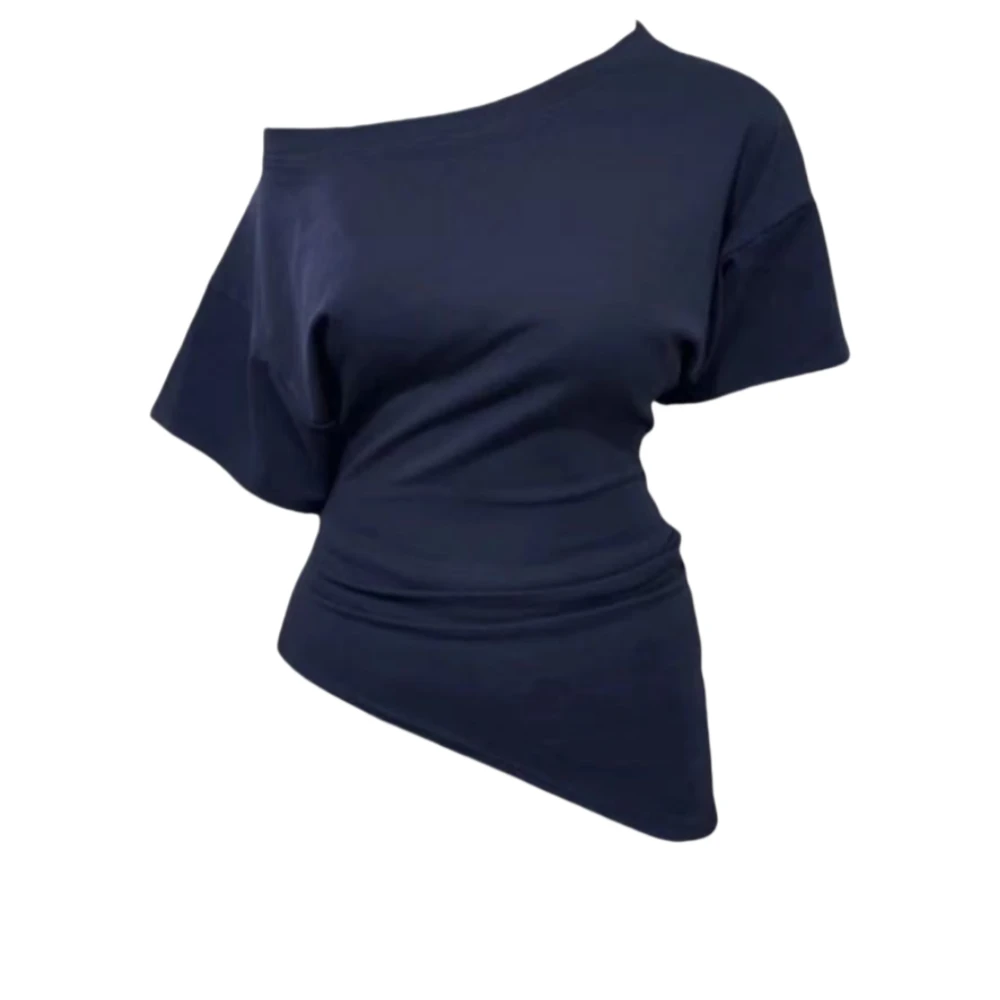 午餐肉纯欲风斜肩短袖女夏季设计感不规则褶皱收腰显瘦辣妹上衣