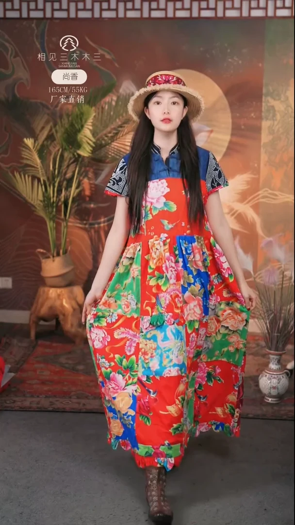 套头老牡丹花布连衣裙