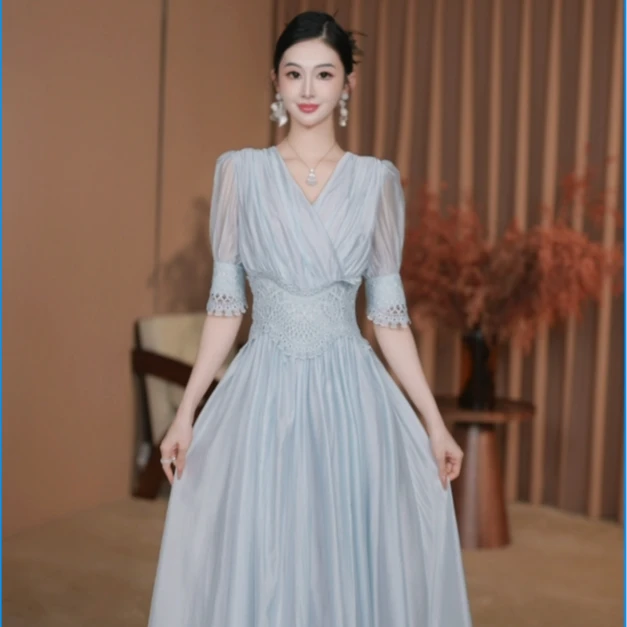 东东定制【风清月白】25年夏季新品时尚收腰显瘦短袖连衣裙