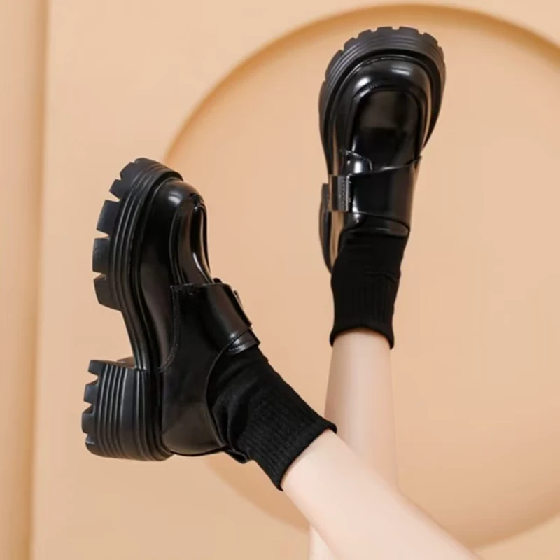 复古松糕厚底乐福鞋女2025春季新款魔术贴粗跟百搭时尚英伦小皮鞋