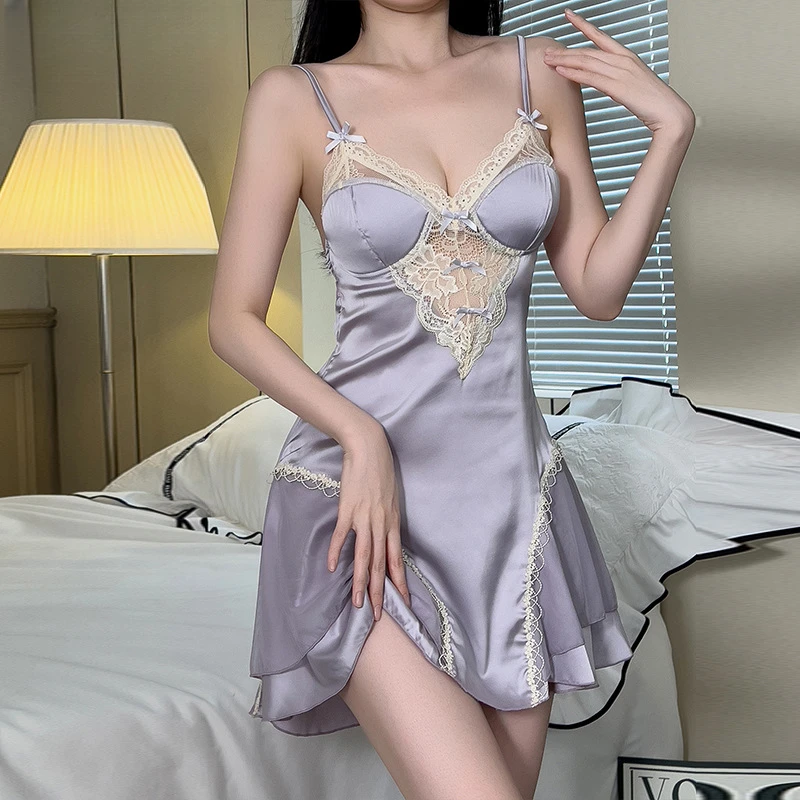 高级感纯欲风诱惑蕾丝睡裙甜美性感冰丝睡衣自带胸垫私房吊带裙薄