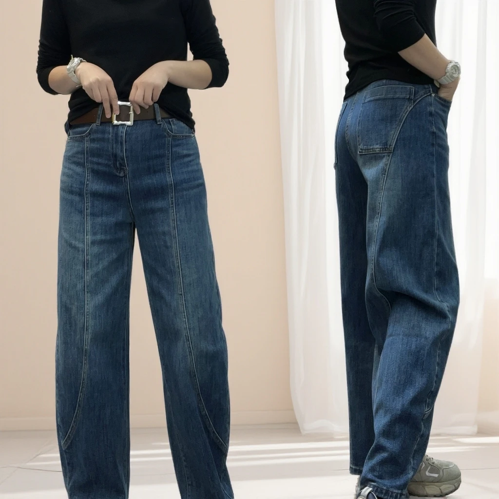 早春新款蓝色显瘦时尚个性百搭微弹牛仔气球弯刀阔腿裤