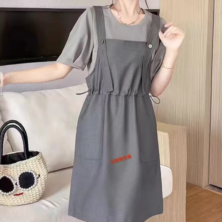 8-39#短袖+背带裙显瘦气质时尚休闲夏季收腰两件套百搭减龄