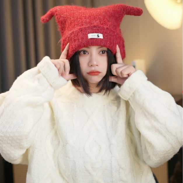 XMAO品牌韩版亚比风可爱羊角羊毛针织帽女秋冬保暖护耳冷帽亲子款