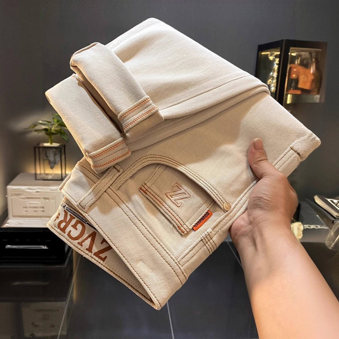 莱蒙璀美式高端米白色牛仔裤男士秋冬季新款直筒宽松休闲长裤子