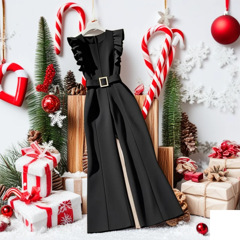 名媛气质独特减龄大方得体新款春装黑色背心连体裤2025流行连衣裤