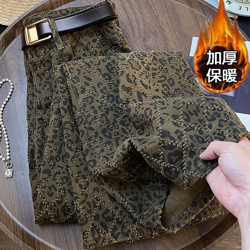 欧美风高街豹纹加绒牛仔裤女2025秋冬款小众设计复古显瘦阔腿裤