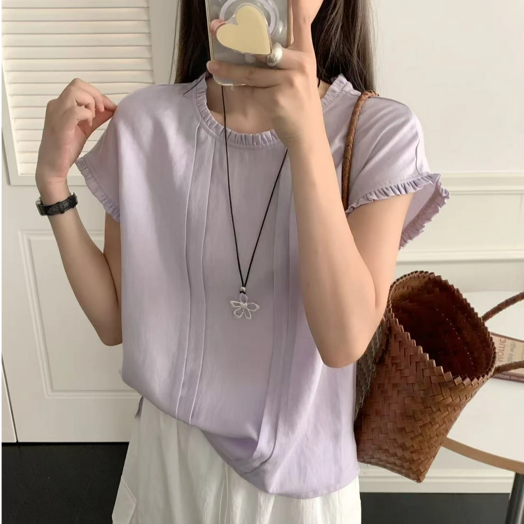 夏季新款亚麻纯色花边设计休闲百搭显瘦圆领短袖T恤女7703