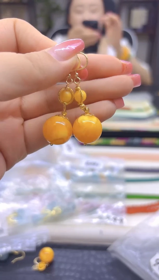 蜜蜡14K金镶嵌耳饰DIY款E496