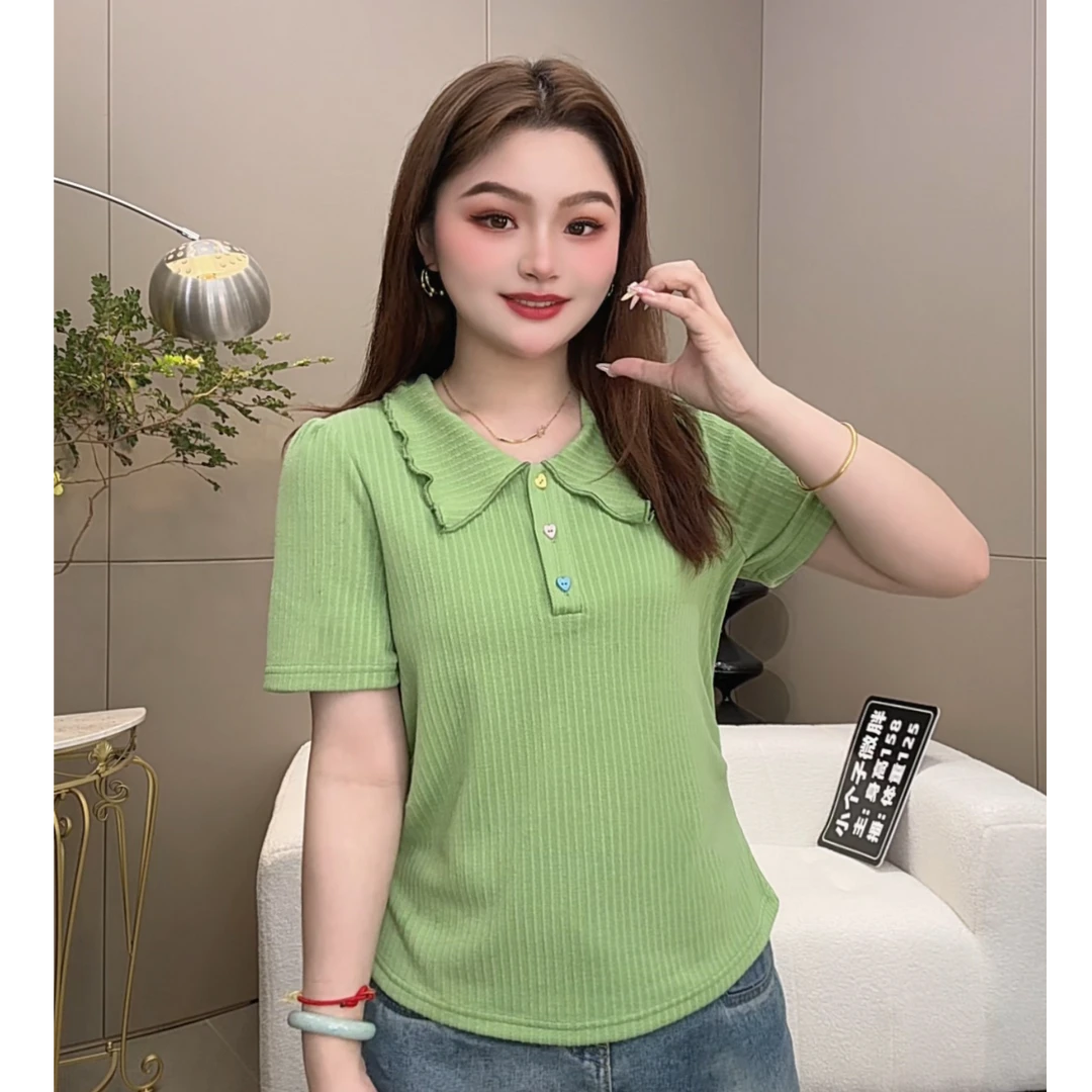 2026早秋新款胖mm花边设计简约减龄彩色纽扣polo领短袖T恤上衣