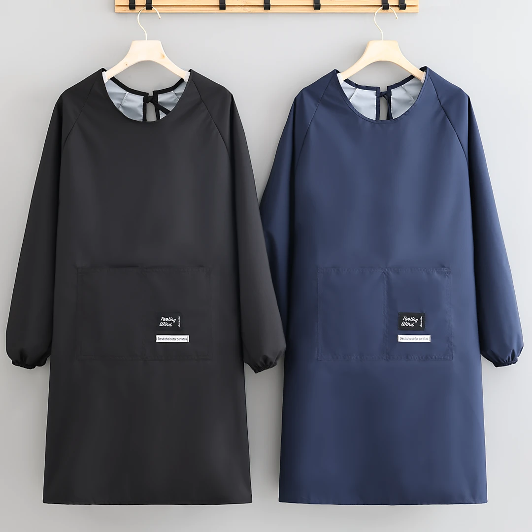 爆款防泼水耐穿围腰长袖围裙厨房做饭干活家用罩衣定制logo工作服