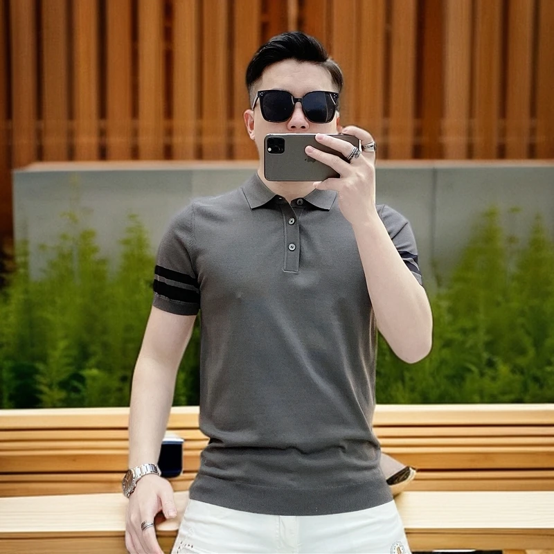 维斯克纳简约百搭修身弹力薄款针织冰丝T恤翻领短袖休闲polo衫男