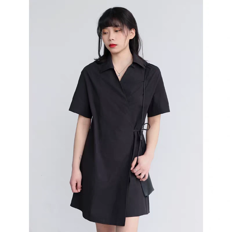 「青和月服饰」简约一片式V领系带显瘦连衣裙女夏短袖西装裙