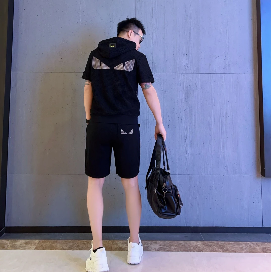 夏季套装男士新款简约个性连帽短袖短裤两件套潮流百搭休闲一整套