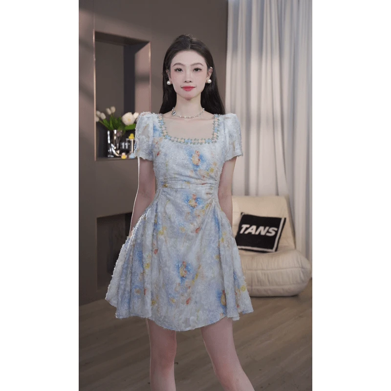 现货 TANS【心知恋语】碎花显瘦气质小个子夏季复古方领收腰连衣裙