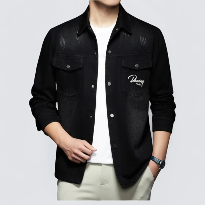 轻奢翻领牛仔夹克春秋薄款青年时尚潮流高级感痞帅印花男士外套