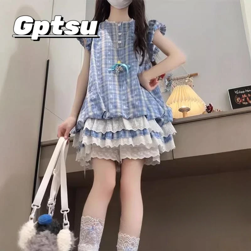GPTSu女童裙子泡泡袖格子连衣裙儿童装学院风蛋糕裙夏季2025新款