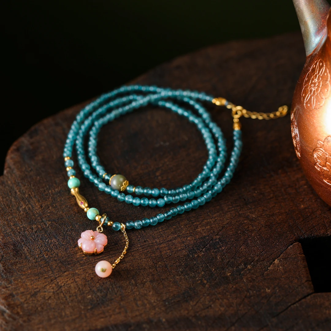 【意婵】精品天然蓝碧玺多圈18k金欧泊雕花盐源配件-902230