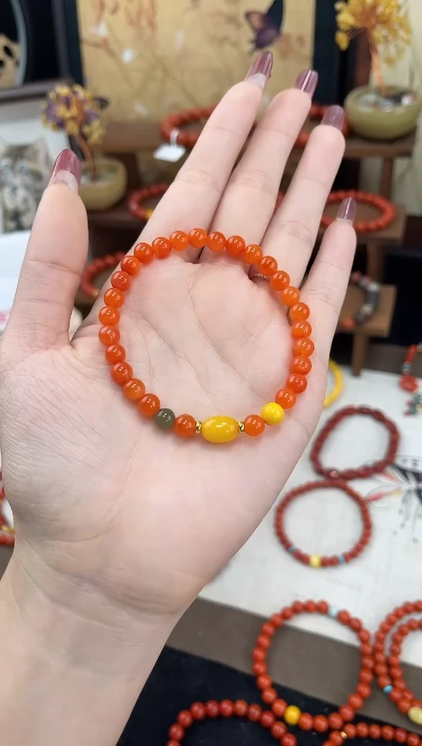 银S925镶嵌手串南红玛瑙南红单圈蜜蜡手串QF-A484（多样性发一）