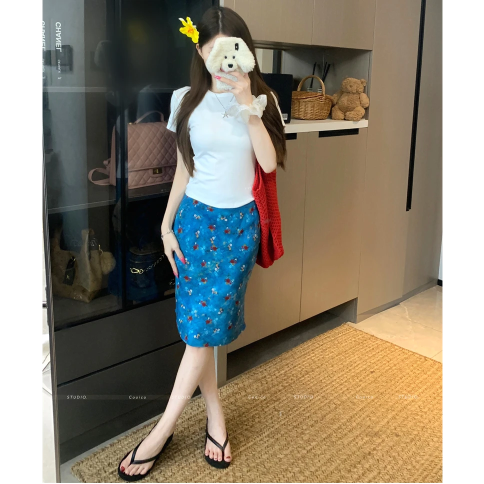 泰兰德少女 蓝色碎花雪纺直筒半身裙中裙高腰复古中长款裙子