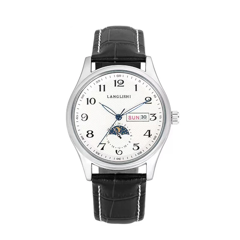 【云仓现发】经典黑皮月相白面蓝针复古男简约大气适配 男士腕表