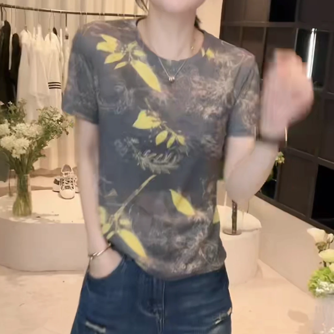 圆领设计感时尚潮流百搭复古减龄短袖t恤女2025夏季新款薄款上衣