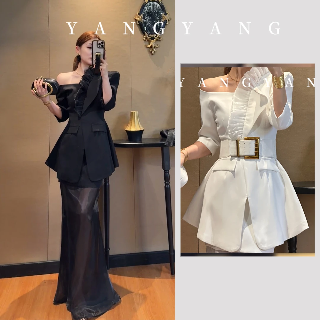 YANG YANG 2025新款法式设计感单肩西装显瘦气质时尚半袖女装外套