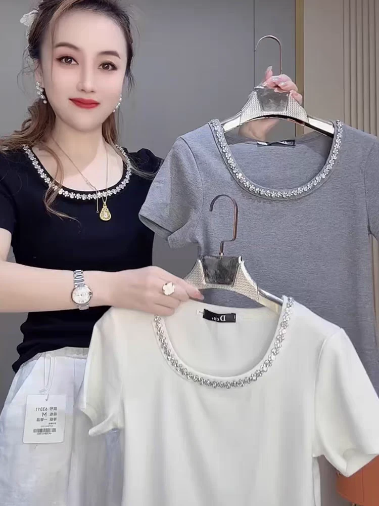 939 杂志风短袖镶钻吸汗圆领钉珠T恤气质女士宽松纯色洋气时尚