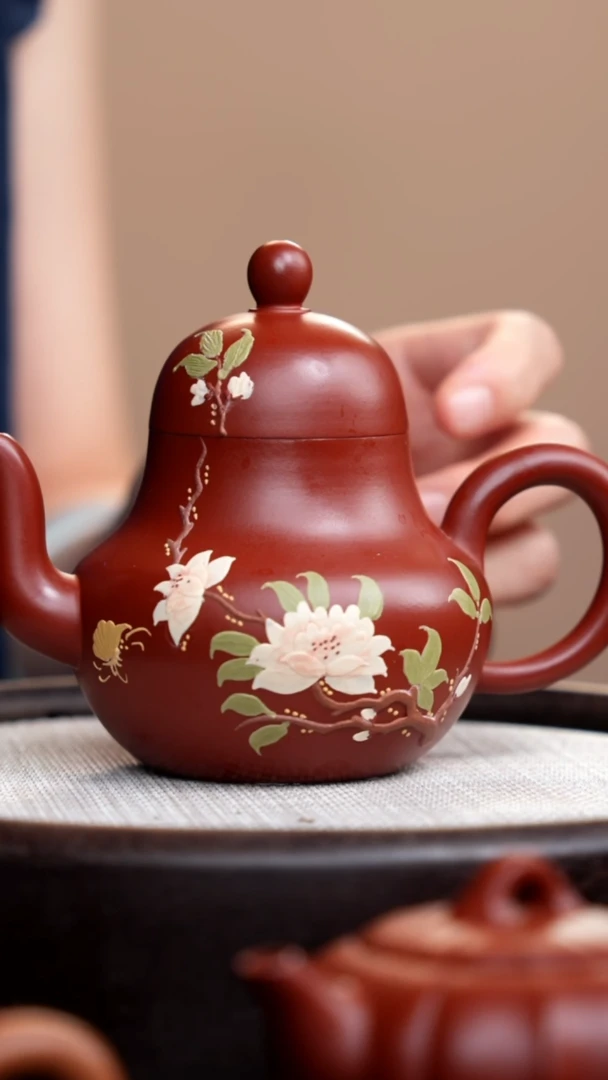 茶壶紫砂朱泥思婷泥绘三花