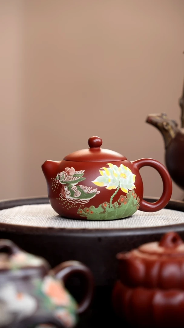 茶壶紫砂朱泥西施泥绘鸳鸯
