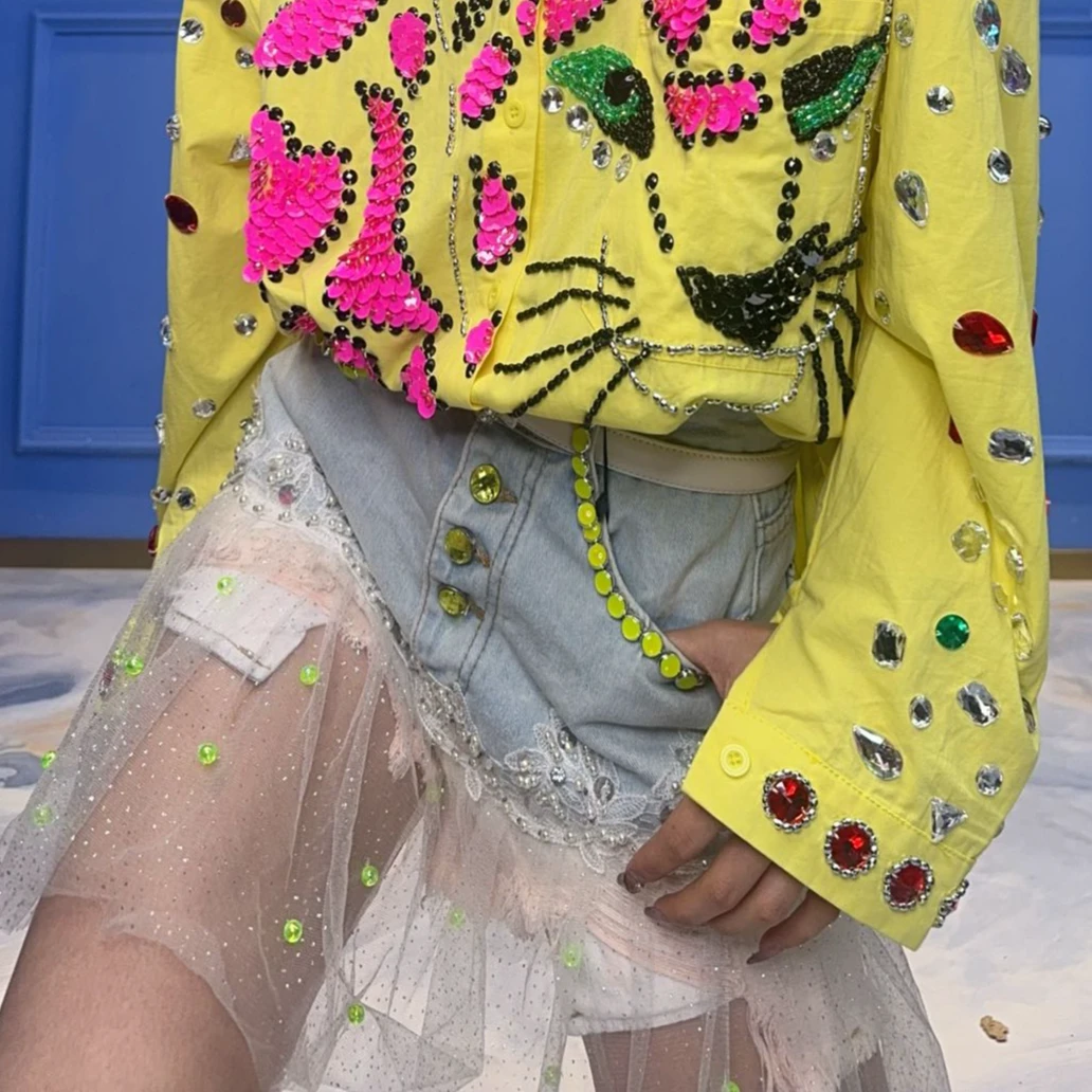 A81233 设计师连卡佛手工刺绣闪钻宝珠时尚女性牛仔短裤裙