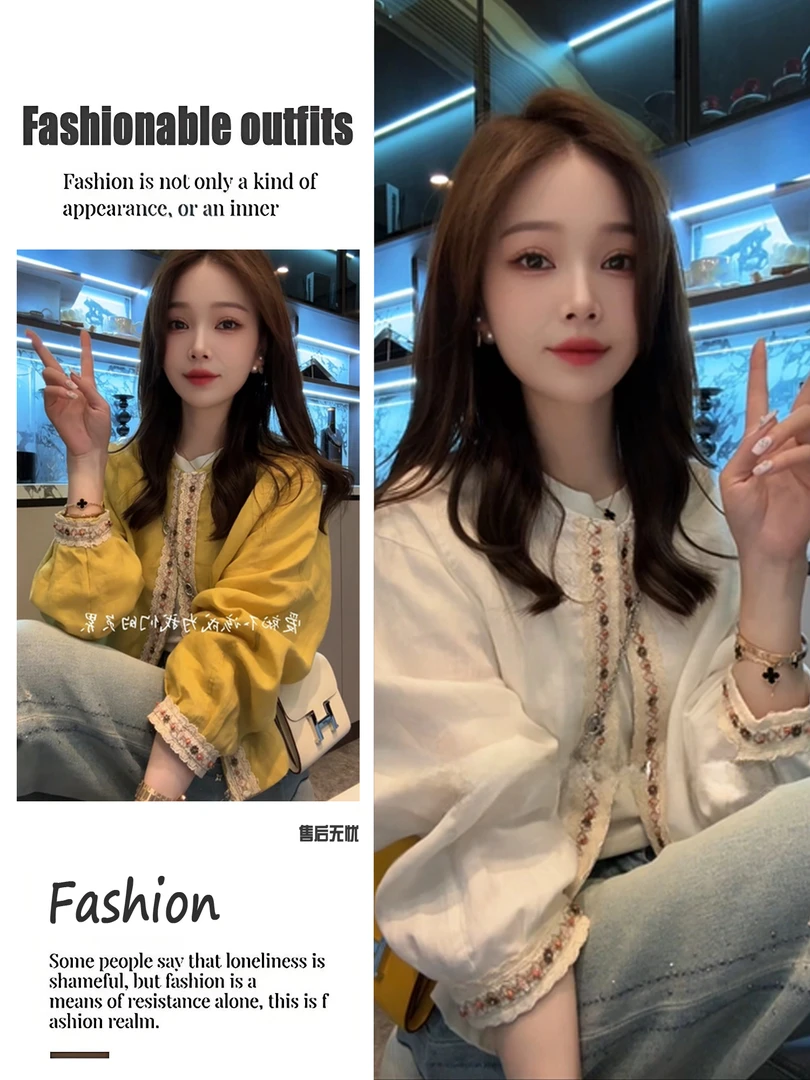 C241大码女装新中式国风圆领衬衫长袖春季微胖mm宽松显瘦外套上衣