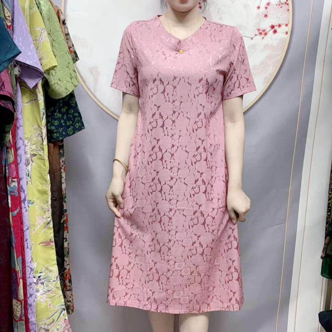【粉提花圆领】2025夏季妈妈装高端连衣裙气质中年女装优雅过膝长裙