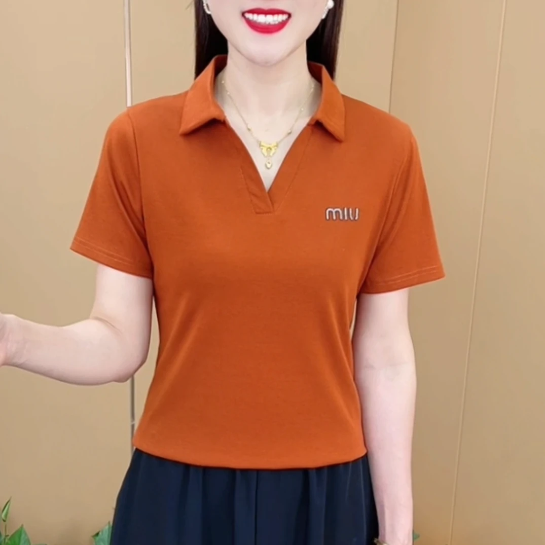 夏季新款时尚洋气翻领刺绣纯色简约设计T恤休闲百搭短袖上衣M1356