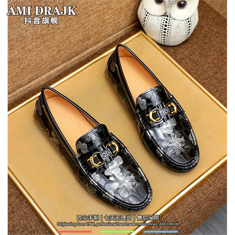 AMI DRAJK秋冬漆皮印花休闲皮鞋男25春夏真皮一脚蹬懒人豆豆鞋驾