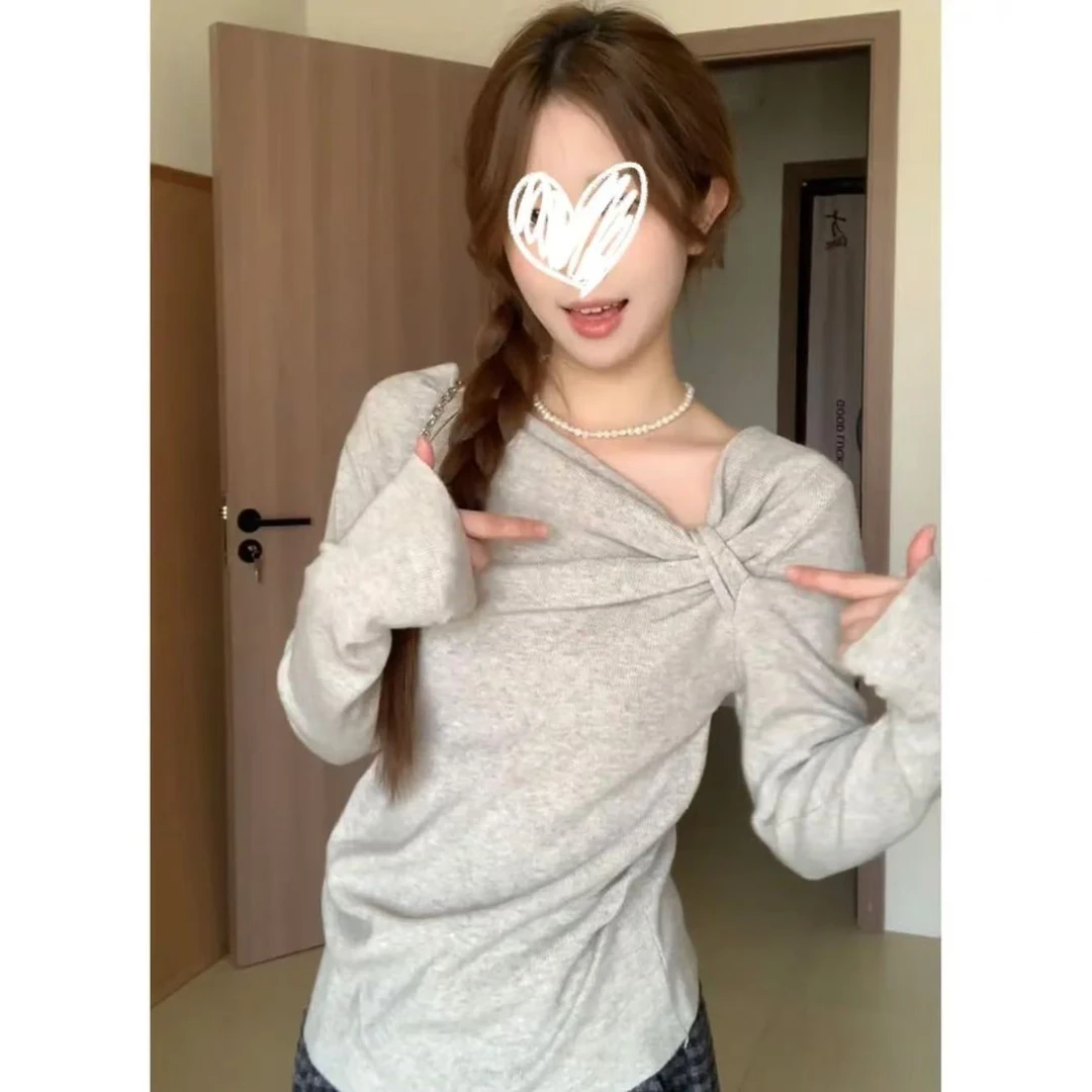 斜肩压褶慕斯羊绒加绒长袖针织衫女修身显瘦内搭上衣