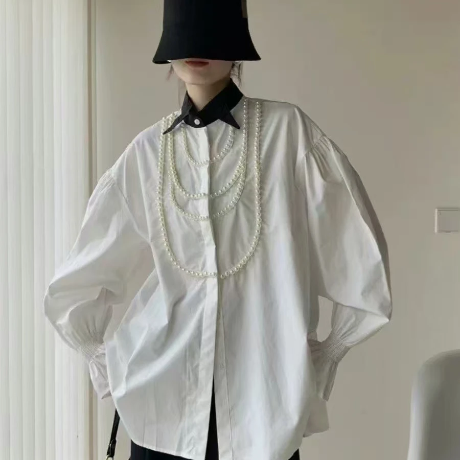 法式香风珍珠衬衫长袖时尚春季宽松设计感百搭小众韩版