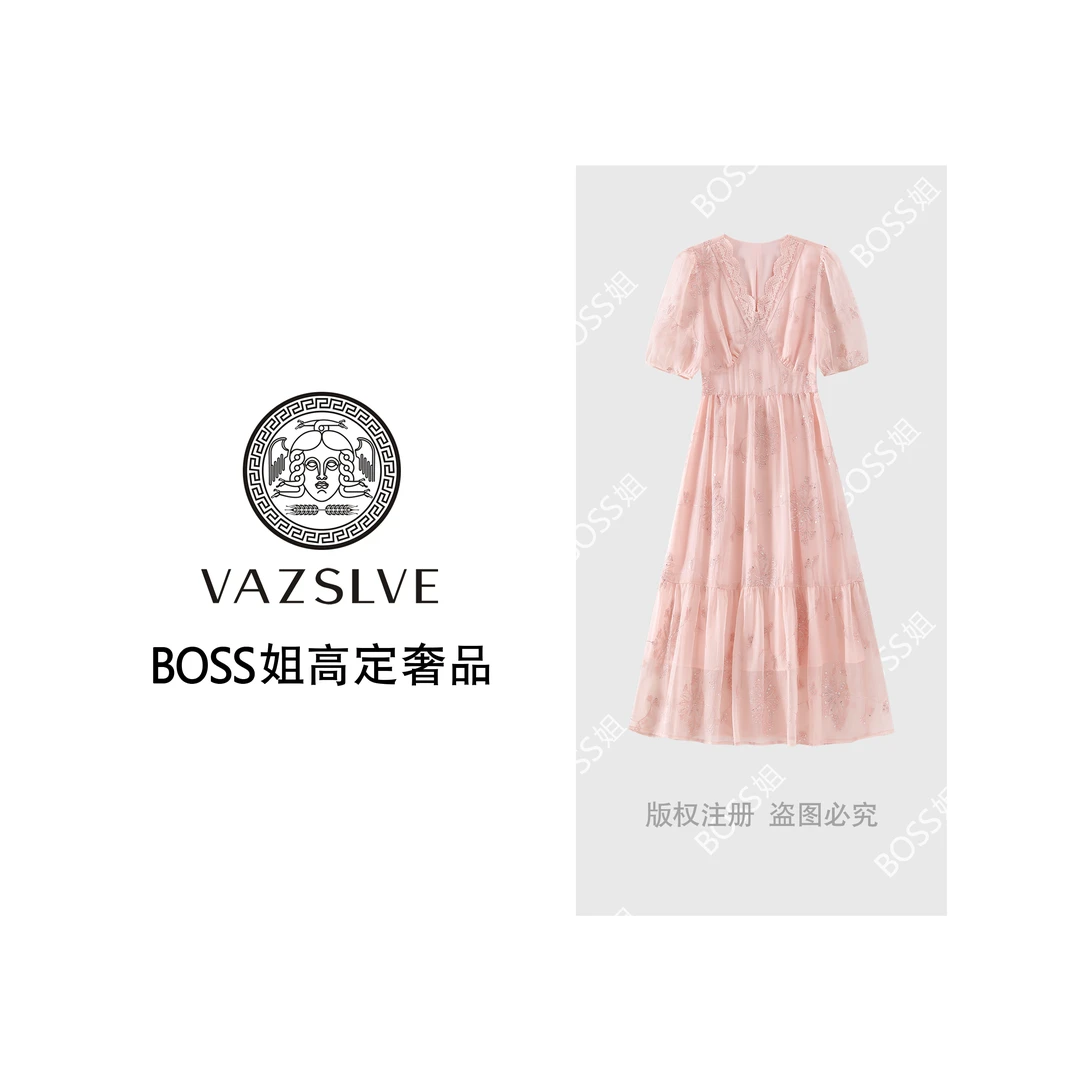 VAZSLVE/原创设计夏季短袖刺绣v领花边减龄连衣裙-53868617