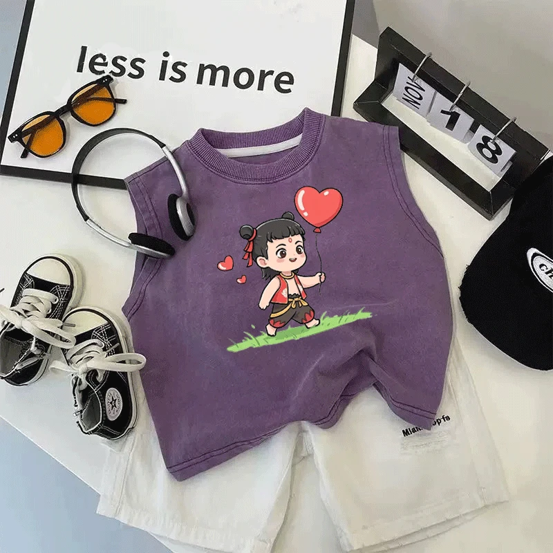 儿童夏季哪吒背心纯棉无袖T恤新款卡通宝宝打底洋气男童上衣外穿t