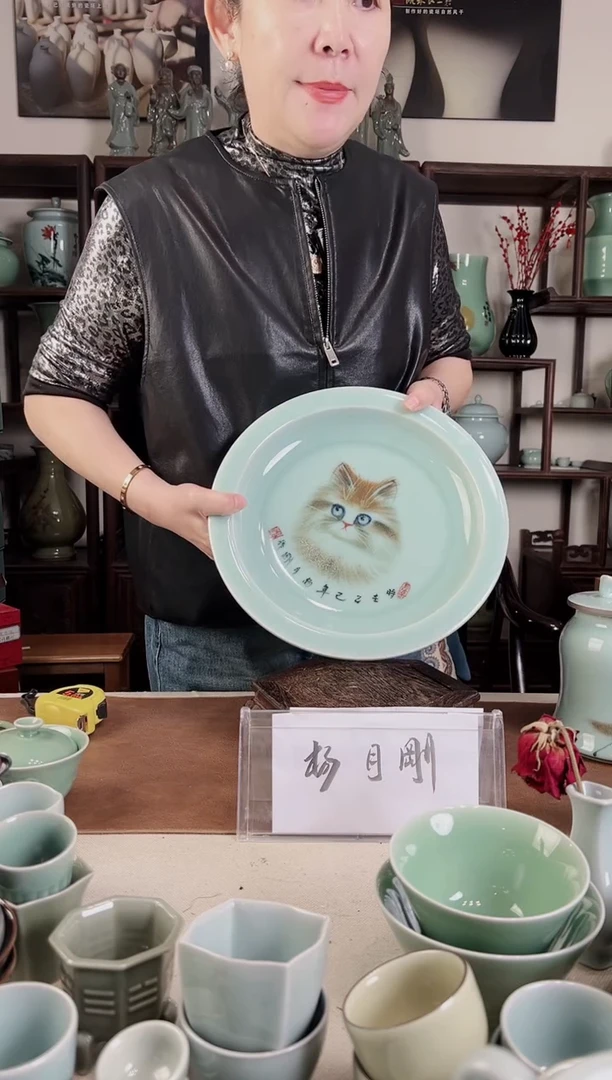 鹤*天釉中彩 猫画 大盘L