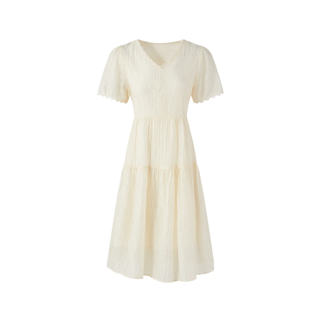 门店34&9！织梦连衣裙」法式气质蕾丝花边V领短袖中长裙子 C21849