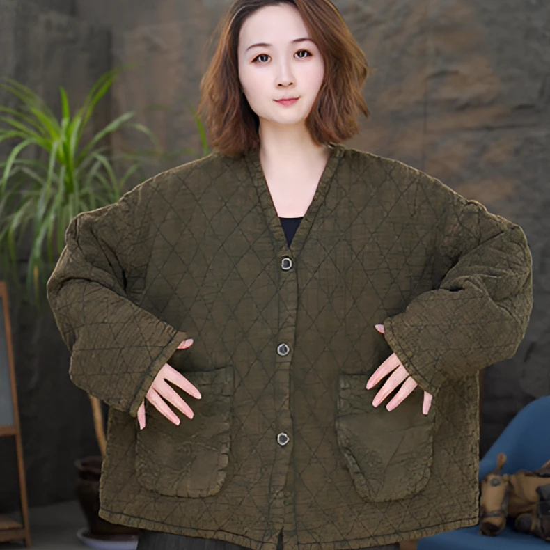 长袖保暖做旧V领常规款棉服棉衣女装短外套大衣宽松复古百搭
