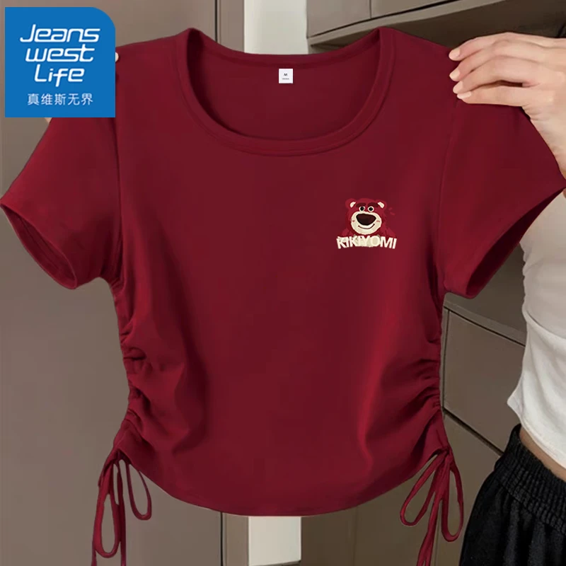 真维斯无界方领短袖t恤女夏季小个子2025新款抽绳半袖酒红色修身