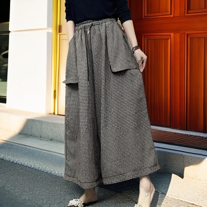 (亿派) 春夏新款高腰宽松麻料时尚洋气显瘦阔腿小格子裙裤