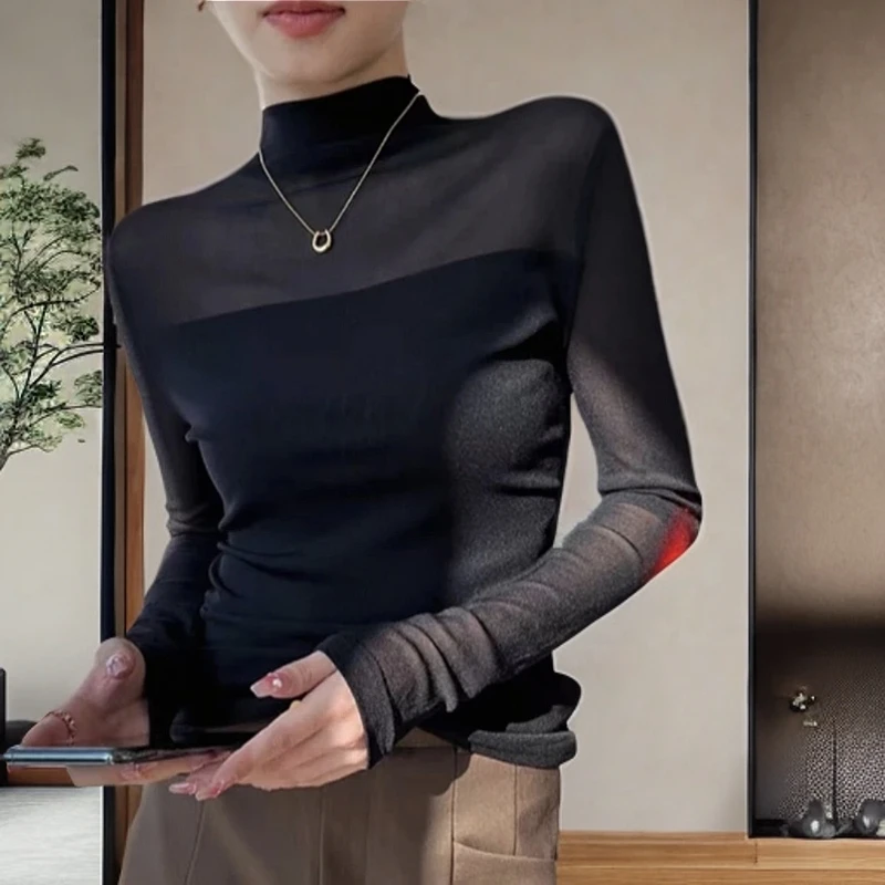 春季半高领网纱气质打底衫女百搭洋气修身显瘦长袖T恤内搭上衣