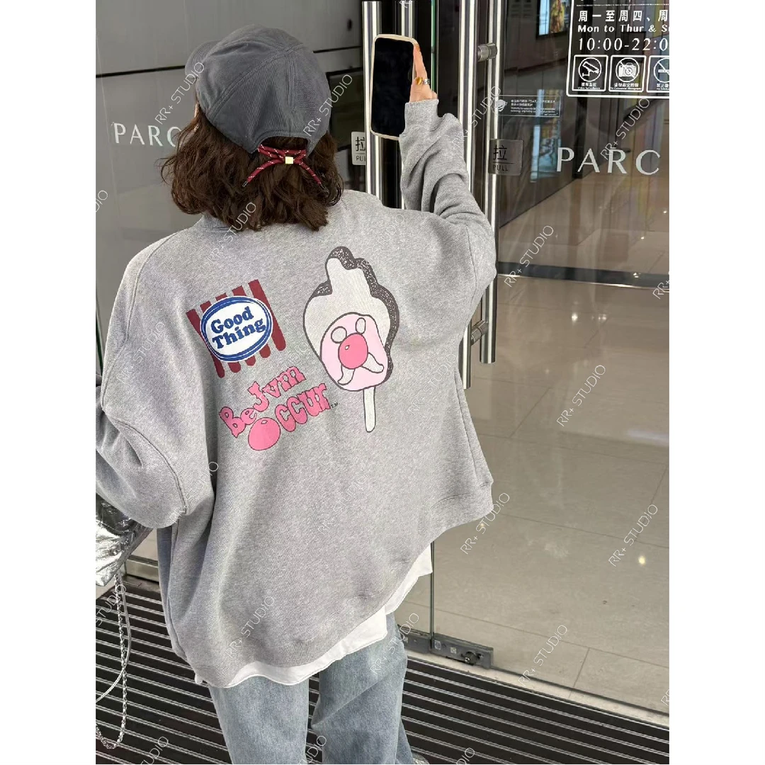 22290韩系卡通印花单排扣V领卫衣外套女休闲百搭宽松开衫