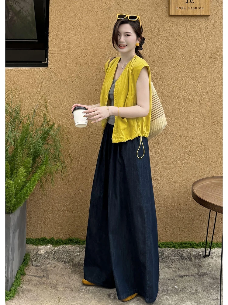 2025超火夏装一整套轻奢高级感大方独特炸街黄色马甲阔腿裤套装女