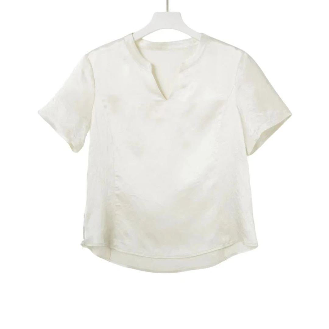 夏季高端时尚V领设计感收腰鱼骨短袖衬衫c9127